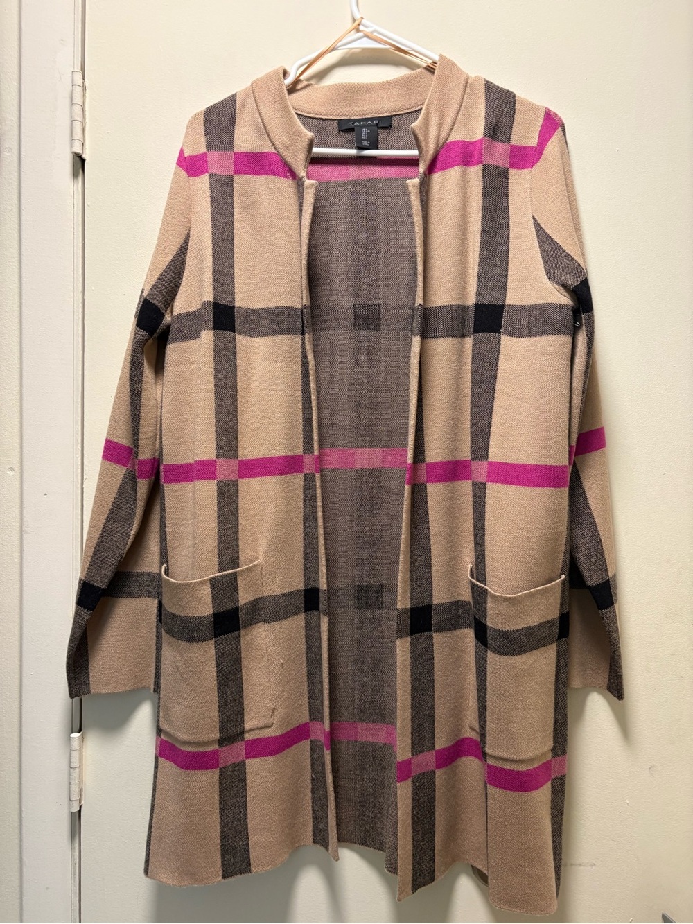 Tahari Beige Plaid Open-Front Cardigan with Pink Stripes